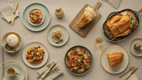 Variety of delicious food on plates and in dishes on a table setting  meal preparation transparent background