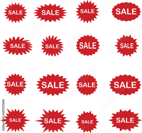 Red starbursts sale badge  sticker price tag discount label promo button  special offer sign retail marketing element isolated flat design templates shape graphic bundle vector