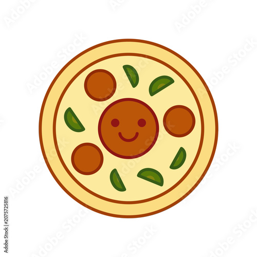 Happy Face Pizza Cartoon - Cute Food Illustration