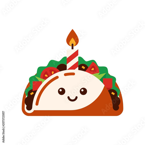 Happy Birthday Taco with Candle, Cute Kawaii Food Illustration