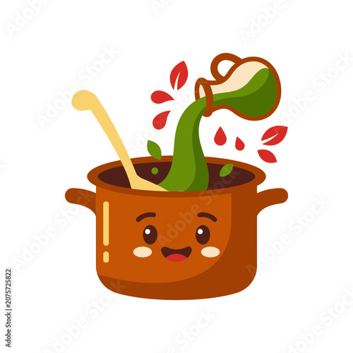 Happy Pot Cooking Green Soup with Leaves and Ladle