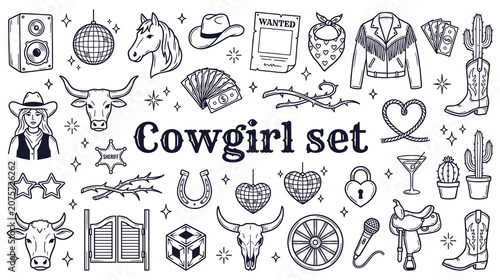 Fotografie Cowgirl set collection, wild west western accessories tools symbols