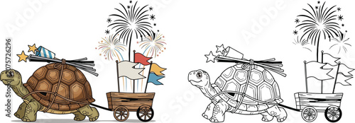 Cheerful Turtle Pulling Wagon with Fireworks and Party Decorations
