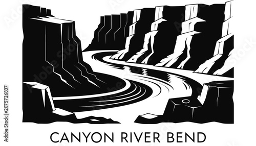Fotografi Very beautiful black and white vector of a CANYON RIVER BEND with a bold label r