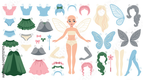 Schilderij op canvas Fairy paper doll kit with various clothes and outfits.