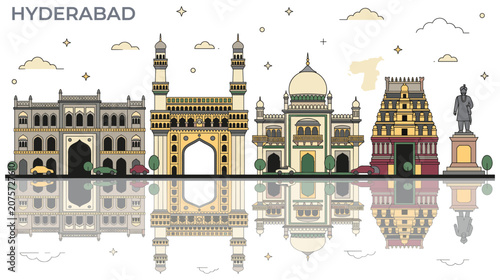 Foto Hyderabad city skyline line art with famous landmarks travel.