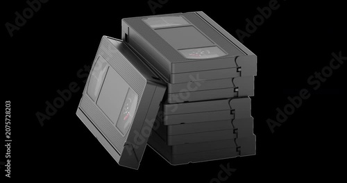 VHS video cassette stack rotation animation seamlessly loopable. 3D rendering isolated on transparent background