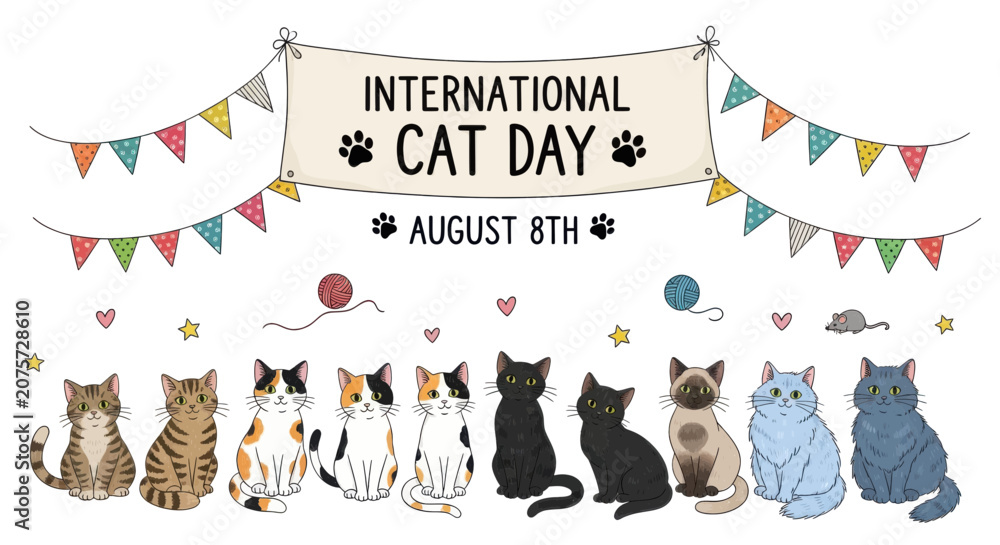 Fototapeta premium International cat day celebration banner with diverse cat breeds