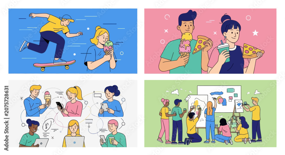 Fototapeta premium Set of diverse people engaging in various daily activities and hobbies