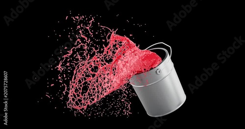 Paint can with red paint splashing out rotation animation seamlessly loopable. 3D rendering isolated on transparent background