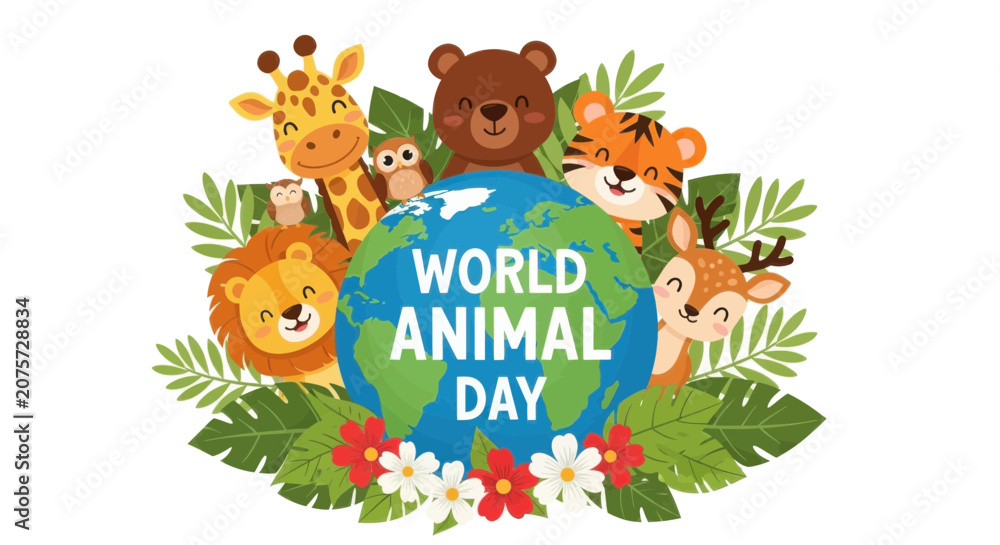 Obraz premium World animal day celebration with cute cartoon animals and globe