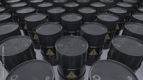 Large array of oil barrels in industrial perspective view for energy, logistics and commodity topics. Seamless loop animation for presentations, part of series. 4k, Ultra HD 3840x2160