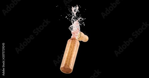 Broken medicine ampoule with medicine splash rotation animation seamlessly loopable. 3D rendering isolated on transparent background