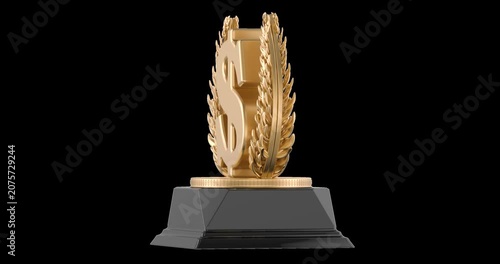 Golden dollar sign trophy with wheat ears on a pedestal rotation animation seamlessly loopable. 3D rendering isolated on transparent background