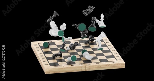 Chessboard with black and white pieces flying apart rotation animation seamlessly loopable. 3D rendering isolated on transparent background