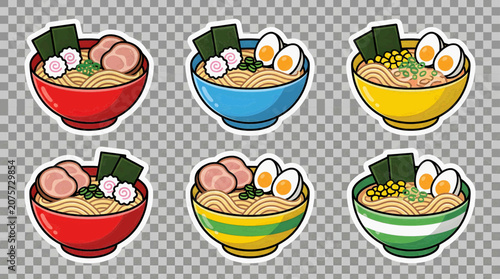Set of colorful Japanese ramen noodle soup bowl stickers with egg and pork toppings in a cute cartoon vector illustration style