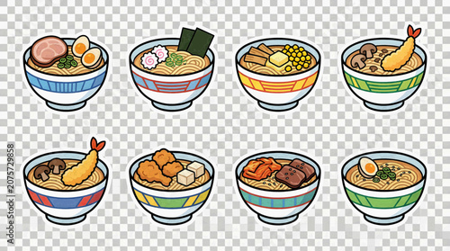 Collection of Diverse Ramen Noodle Bowls Featuring Traditional Japanese Toppings and Ingredients in a Stylized Cartoon Graphic Art Style