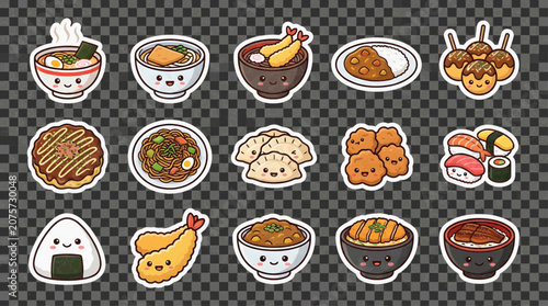 Cute Kawaii Japanese Food Sticker Set featuring Ramen, Sushi, Onigiri, and Traditional Asian Cuisine Illustrations