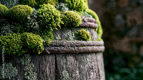 An ancient conical wooden fermentation vat heavily overgrown with lush green moss and fern inside an abandoned Australian winery