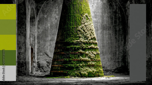 Dramatic sunbeams cutting through a dark old cellar, illuminating a historic moss-covered wine barrel and forest floor