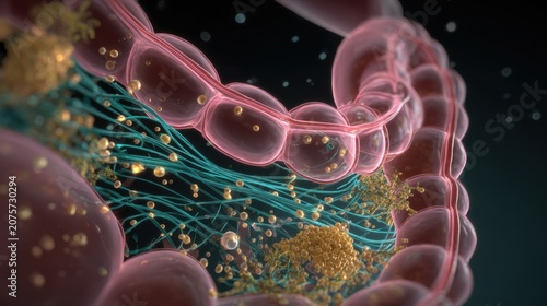 3D render of intestinal cells with microbiome bacteria and fiber strands closeup