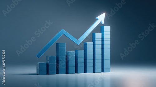 3D blue bar chart with rising arrow showing business growth concept