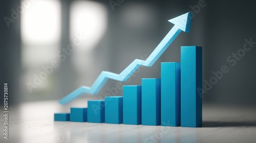 3D blue bar chart with upward arrow showing business growth concept