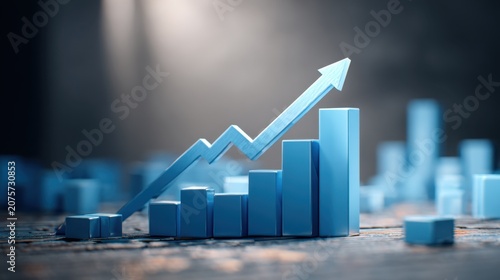 3D blue bar chart with rising arrow showing business growth concept
