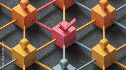 Wooden network nodes with check mark concept, isometric 3D render