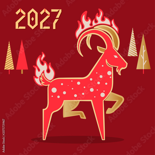 2027 Chinese New Year of the Fire Goat symbol. Year of the Goat 2027 fire zodiac sign illustration. Chinese zodiac 2027 symbol of the Fire Goat. Stylized 2027 Year of the Goat greeting card design