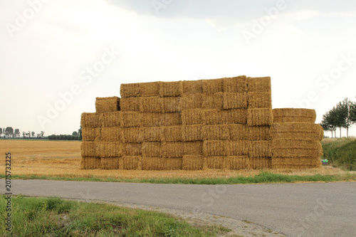 a stack of straw bales in the countryside in summer closeup