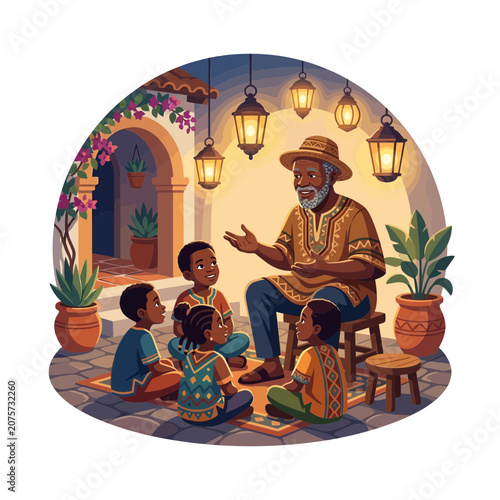 Elderly Man Telling Stories to Children