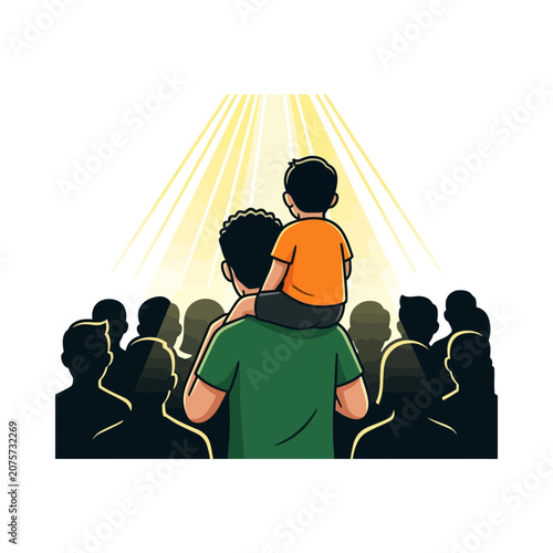 Father carrying son on shoulders, crowd watching spotlight