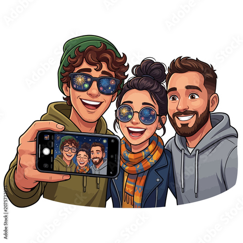 Friends taking a selfie with fireworks in sunglasses