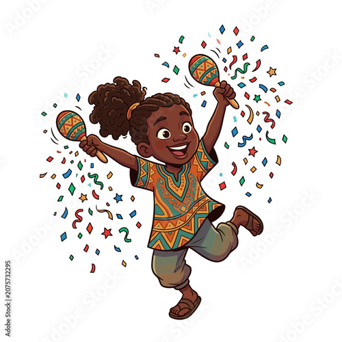 Joyful child playing maracas with confetti