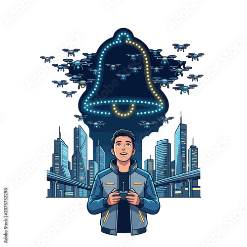 Man controls drone swarm, futuristic city, digital bell