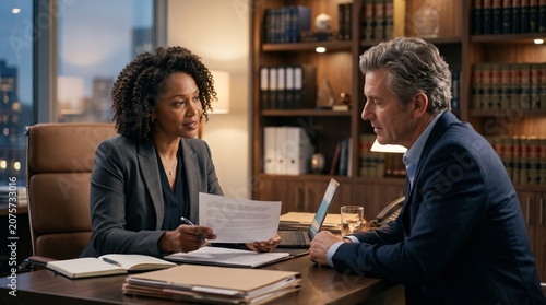 experienced attorney lawyer discussing case with client in office environment legal concept

