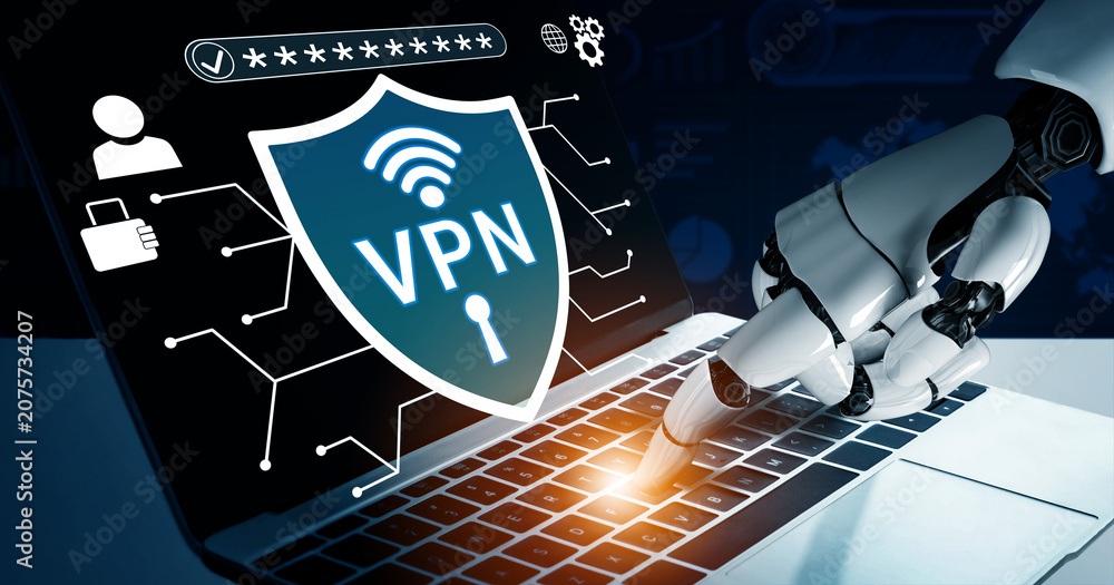 Fototapeta premium Robotic Hand Interacting with Laptop Displaying VPN Security Shield Interface in Digital Environment Haptic.