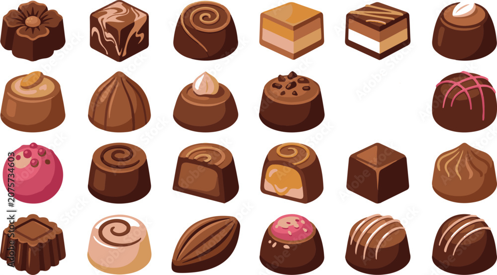 Fototapeta premium Assorted Gourmet Chocolate Pralines and Luxury Truffles Vector Icons Set