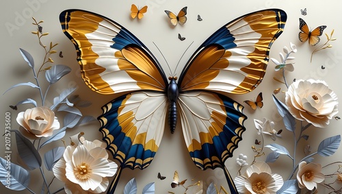 Ornate Butterfly with Decorative Floral Arrangement and Botanical Elements