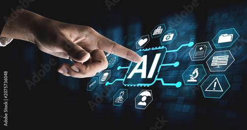 Hand Pointing at AI Technology Icons Illustrating the Impact of Artificial Intelligence in Modern Digital Environments. Sentient.
