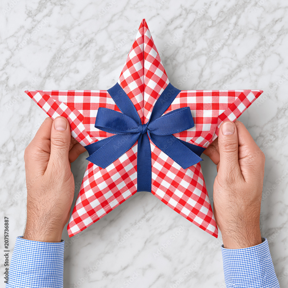 Fototapeta premium Patriotic Star Gift Box with Red Gingham and Blue Ribbon