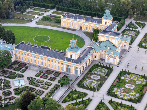 Wilanów Palace close-up aerial — Baroque architecture, formal gardens, Warsaw Poland