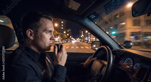 Police officer driving a patrol car at night, communicating on a radio in a city street with blurred lights.