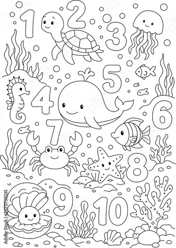 kids coloring page, underwater theme, ocean animals, numbers 1-10, counting worksheet, educational printable, preschool learning, kindergarten activity, sea creatures, marine life, fish, seahorse, tur