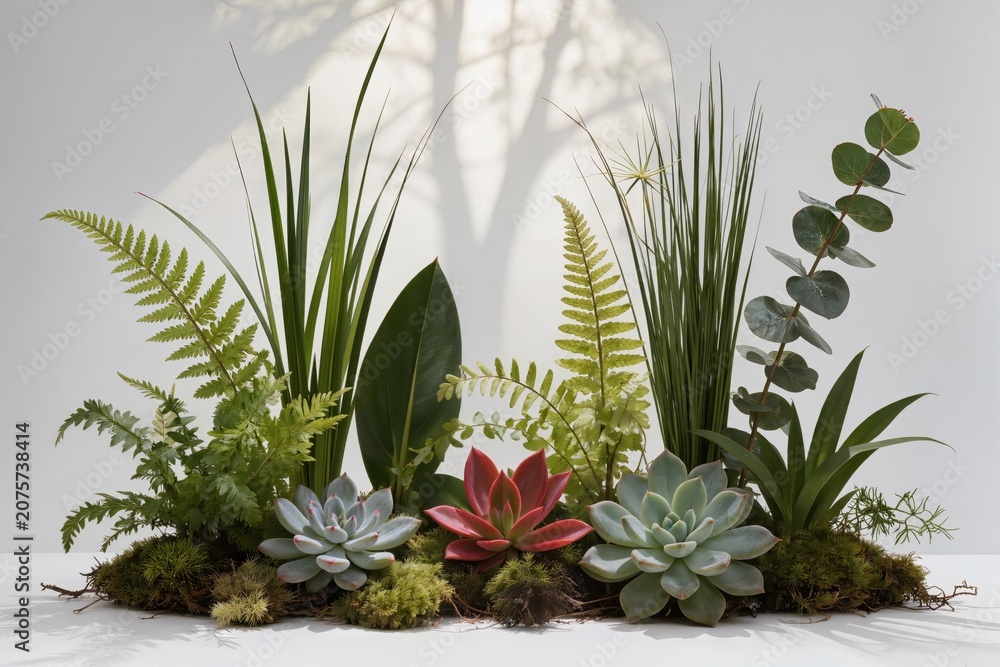 Fototapeta premium Composition végétale avec fougères, succulentes, mousses, feuilles et plantes tropicales sur fond blanc, décoration botanique naturelle et minimaliste