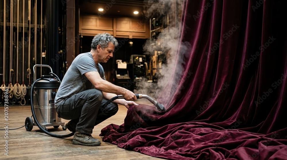 Fototapeta premium Man Performing Stage Smoke Effect with Curtain Backdrop.