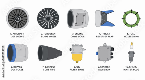Collection of various jet engine components and parts.