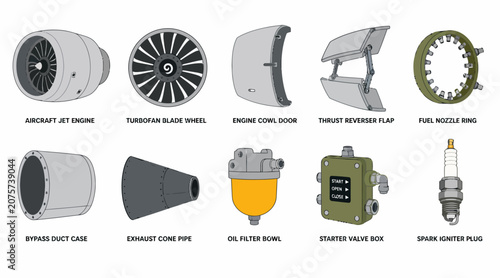 Collection of various industrial turbine and engine parts.
