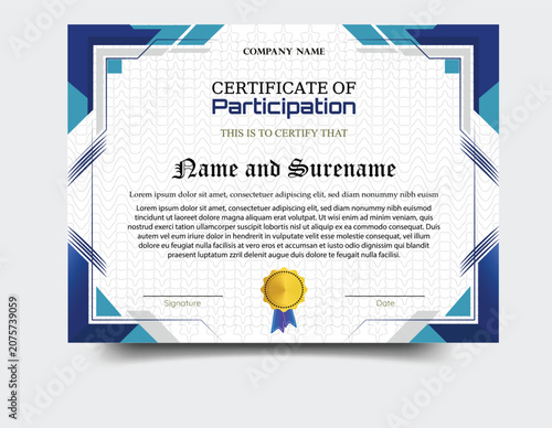 Professional certificate of participation template with blue geometric border and golden seal design certificate template